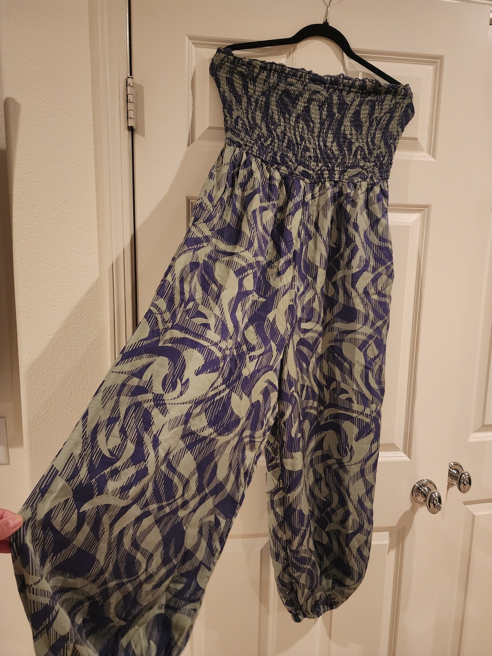 Anthropologie Strapless Smocked Jumpsuit in Navy and Sage